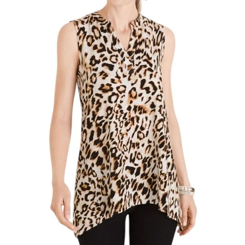 Chico’s animal print sleeveless V-neck cotton tunic top size large